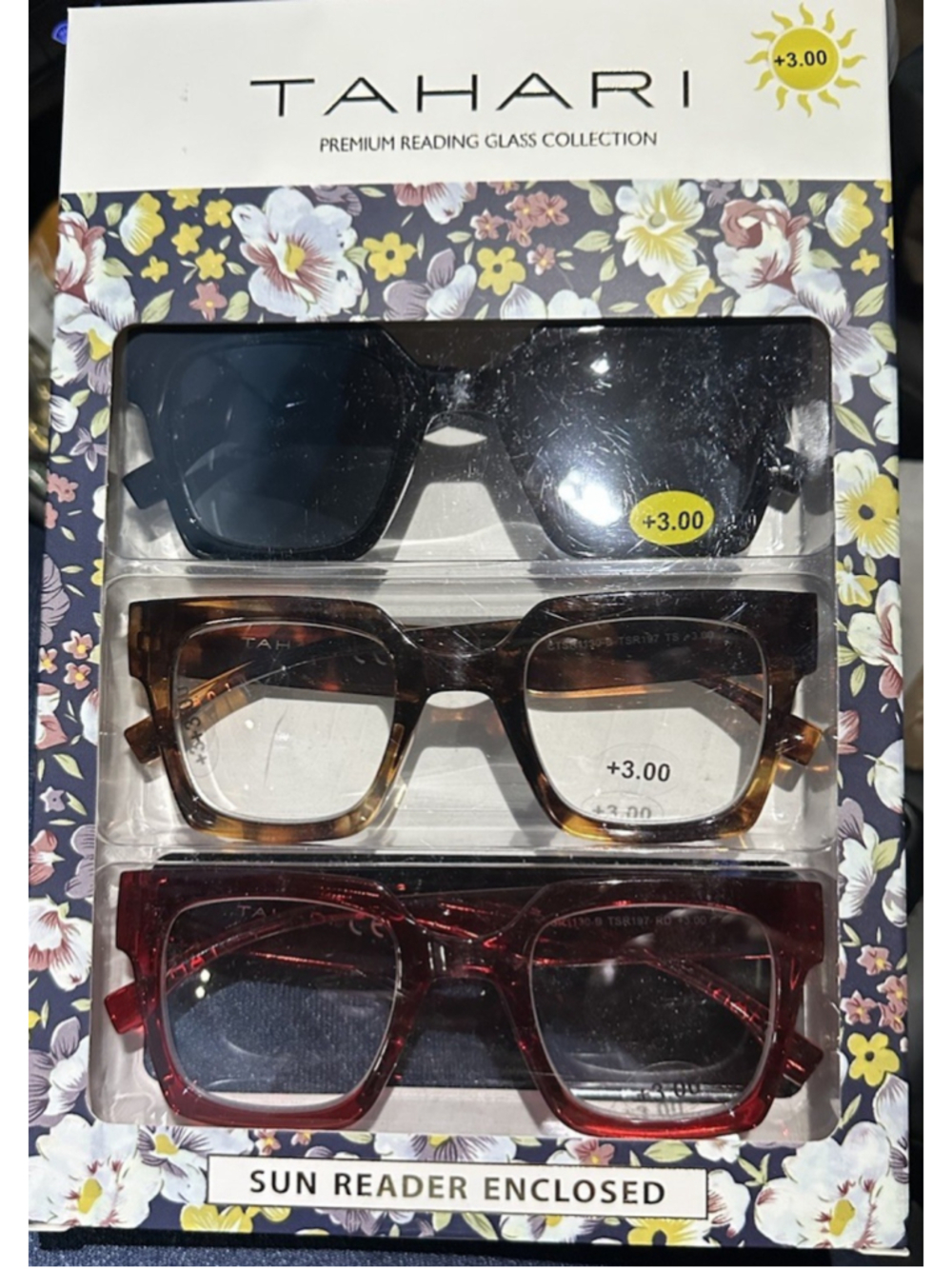 Tahari 3 Reading Glasses +3.00 Thick Frame Black Magnify Sunglasses Red Tortoise